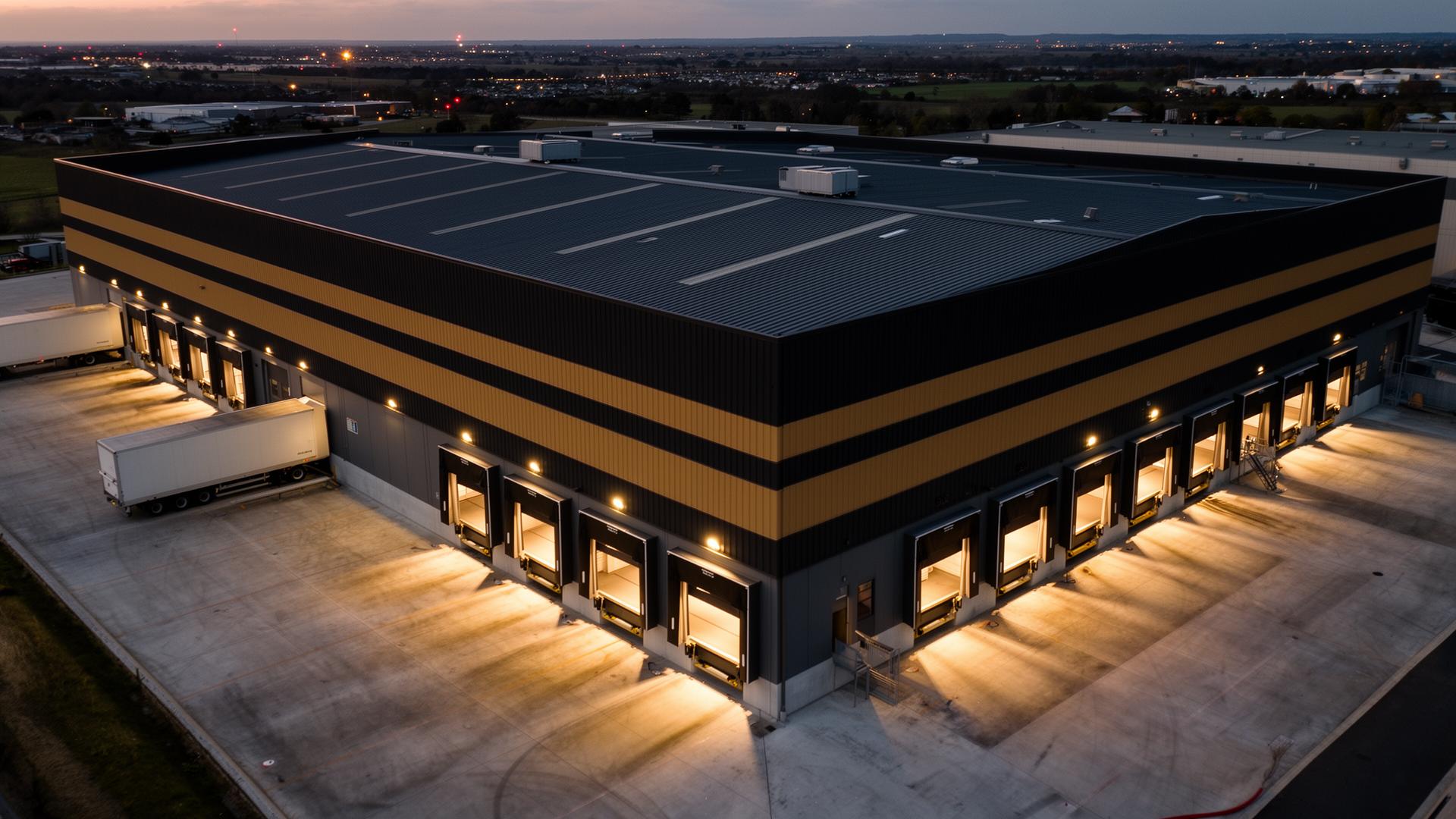 Stellar warehouse exterior at dusk